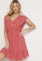 Czerwona Rozkloszowana Sukienka z Bawełny w Kwiaty z Guzikami Ronelle. Czerwone sukienki damskie Born2be, na co dzień, l, bez wzorów, z bawełny, eleganckie, bez kołnierzyka, bez ramiączek, mini, proste. Za 44.99 zł.