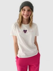 4F T-shirt z nadrukiem dziewczęcy - biały 164 (13-14 lat). Białe t-shirty i topy dla dziewczynek 4f, bez wzorów, z bawełny, bez ramiączek. W wyprzedaży za 19.99 zł.