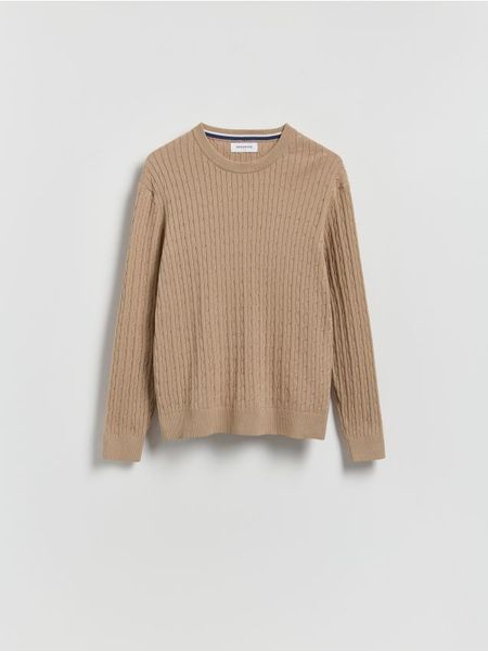 Strukturalny sweter z bawełną - beżowy. Brązowe swetry przez głowę męskie Reserved, l, bez wzorów, z bawełny, bez kołnierzyka. W wyprzedaży za 55.99 zł.