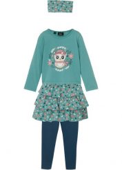 Koszulka dziewczęca z długim rękawem + spódniczka + legginsy + opaska do włosów (4 części). Zielone legginsy dla dziewczynek bonprix, bez wzorów, długie. Za 97.99 zł.