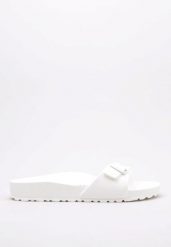 Klapki damskie Birkenstock Eva Madrid. Białe klapki damskie Birkenstock, bez wzorów, z materiału, bez obcasa. Za 275.00 zł.
