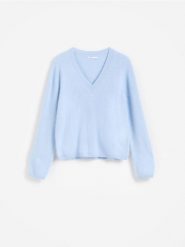 Wełniany sweter - jasnoniebieski. Niebieskie swetry damskie Reserved, l, bez wzorów, z wełny, bez kołnierzyka, bez ramiączek, bez kaptura. Za 259.99 zł.
