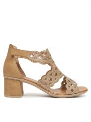 Rieker Sandały 64773-61 Beżowy. Brązowe sandały damskie Rieker, bez wzorów, z materiału, bez obcasa, na słupku, bez zapięcia. Za 349.99 zł.