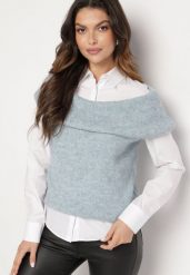 Niebieska Dzianinowa Bluzka Top z Hiszpańskim Dekoltem z Wełną Inathiel. Niebieskie bluzki damskie Born2be, m, bez wzorów, z dzianiny, bez kołnierzyka, bez ramiączek, bez kaptura. Za 99.99 zł.