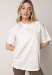 Biały Bawełniany T-shirt Oversize z Haftowanym Napisem z Cekinami Aewai. Białe bluzki damskie Born2be, m, bez wzorów, z bawełny, eleganckie, bez kołnierzyka, bez ramiączek. Za 59.99 zł.