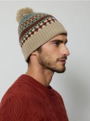 Wzorzysta czapka z pomponem - beżowy. Brązowe czapki i kapelusze męskie Reserved, bez wzorów. W wyprzedaży za 39.99 zł.