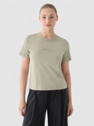 4F T-shirt regular z nadrukiem damski - oliwkowy/khaki XS. Brązowe koszulki sportowe damskie 4f, xs, bez wzorów, z bawełny, bez kołnierzyka, bez ramiączek. W wyprzedaży za 29.99 zł.