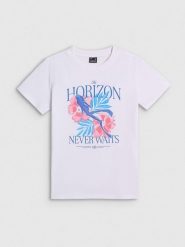 4F T-shirt regular z nadrukiem damski - biały M. Białe t-shirty damskie 4f, m, bez wzorów, z bawełny, bez kołnierzyka. Za 59.99 zł.