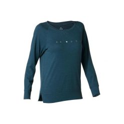 Koszulka długi rękaw Gym & Pilates 500 damska niebieska z nadrukiem. Niebieskie t-shirty damskie DOMYOS, xl, bez wzorów, z bawełny, bez kołnierzyka. Za 39.99 zł.