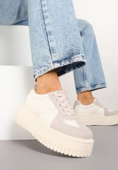 Beżowe Sneakersy Typu Tenisówki na Platformie Zdobione Perforacją Nerilsa. Brązowe trampki i tenisówki damskie Born2be, z aplikacjami, z jeansu, casualowe, bez zapięcia. Za 84.99 zł.