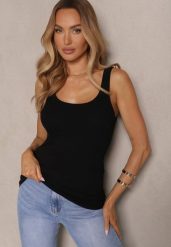 Czarny Top na Ramiączkach z Prążkowanego Materiału z Bawełny Zaliena. Czarne bluzki damskie Renee, s, bez wzorów, z bawełny, bez kołnierzyka, bez ramiączek. Za 39.99 zł.