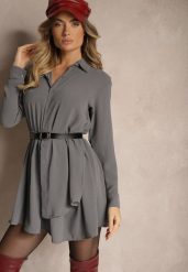 Szara Koszulowa Sukienka o Asymetrycznym Rozkloszowanym Kroju z Gumką w Talii Eloriana. Szare sukienki damskie Renee, na co dzień, bez wzorów, eleganckie, z asymetrycznym kołnierzem, bez ramiączek, mini, asymetryczne. Za 69.99 zł.