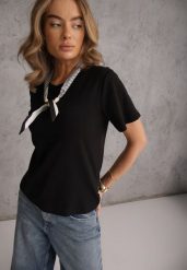 Czarny Bawełniany T-shirt Hillswor Ozdobiony Apaszką. Czarne bluzki damskie Renee, l, bez wzorów, z bawełny, eleganckie, bez kołnierzyka, bez ramiączek. Za 69.99 zł.