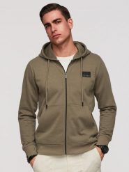 Rozpinana bluza męska dresowa z kapturem i patchem – oliwkowa V4 - Rozmiar: S. Zielone bluzy męskie Ombre Clothing, m, bez wzorów, z bawełny, z kapturem. Za 169.99 zł.