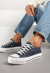 Granatowe Trampki na Platformie Zdobione Wzorem w Serca Gonavith. Niebieskie trampki i tenisówki damskie Renee, z aplikacjami, z jeansu, eleganckie, bez zapięcia. Za 59.99 zł.
