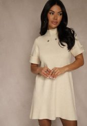 Jasnobeżowa Sukienka Sweterkowa o Trapezowym Kroju z Perełkami Liatusea. Brązowe sukienki damskie Renee, na co dzień, l, bez wzorów, z dzianiny, bez kołnierzyka, bez ramiączek, trapezowe. Za 89.99 zł.