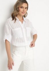 Biała Koszula z Bawełny w Paski z Podpinanymi Rękawami Lisirwena. Białe bluzki damskie Born2be, l, bez wzorów, z bawełny, eleganckie, bez kołnierzyka, bez ramiączek. Za 64.99 zł.