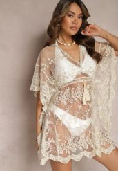 Beżowa Siateczkowa Tunika Narzutka z Haftowanym Wzorem i Chwostami Narifea. Brązowe bluzki damskie Renee, na lato, l, bez wzorów, z materiału, boho, bez kołnierzyka, bez ramiączek. Za 89.99 zł.