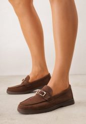 Brązowe Mokasyny z Prostokątną Metaliczną Ozdobą Aeleorane. Brązowe mokasyny damskie Born2be, z jeansu, eleganckie. Za 119.99 zł.