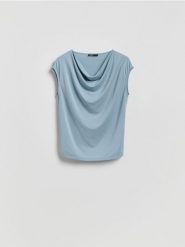 Bluzka z modalem - jasnoniebieski. Niebieskie bluzki damskie Reserved, l, bez wzorów, z dzianiny, bez kołnierzyka, bez ramiączek. Za 79.99 zł.