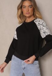 Czarna Bluza z Bawełną z Koronkowymi Wstawkami Xommea. Czarne bluzy damskie Renee, l, bez wzorów, z bawełny, bez kaptura. Za 34.99 zł.