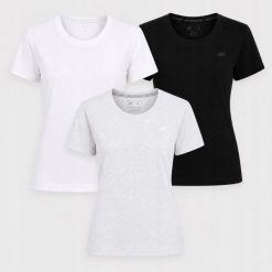 T-SHIRT DAMSKI 4F ZESTAW 3PAK KOSZULKA SPORTOWA KOMPLET S F3308 SS26. Koszulki sportowe damskie 4f, s, bez wzorów, z bawełny, bez kołnierzyka, bez ramiączek, na fitness i siłownię. Za 119.97 zł.