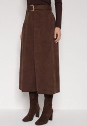 Brązowa Rozkloszowana Wiskozowa Spódnica z Bawełną Ozdobiona Paskiem Nawedea. Brązowe spódnice damskie Born2be, l, bez wzorów, z bawełny, eleganckie, midi, rozkloszowane. Za 139.99 zł.