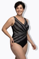 Damski Kostium kąpielowy paski miękkie miseczki drapowanie. Szare kostiumy jednoczęściowe damskie Ulla Popken, plus size, bez wzorów, z elastanu, plus size, do pływania. Za 223.99 zł.