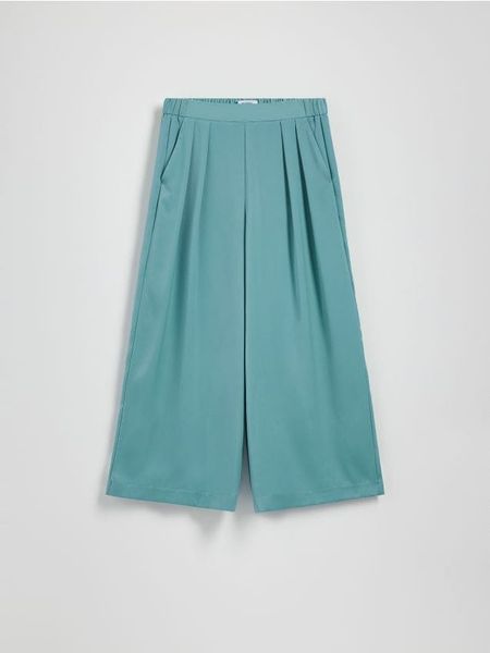 Spodnie palazzo - turkusowy. Niebieskie spodnie materiałowe damskie Reserved, l, bez wzorów, z tkaniny. W wyprzedaży za 49.99 zł.