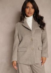 Beżowy Płaszcz Marynarka o Jednorzędowym Kroju Avalenta. Brązowe płaszcze damskie Renee, l, z aplikacjami, z jeansu, eleganckie. Za 249.99 zł.