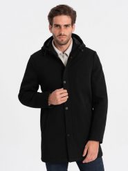 Męski ocieplany płaszcz z kapturem i krytym zamkiem - czarny V1 OM-COWC-0110 - XXL. Czarne płaszcze męskie Ombre Clothing, m, bez wzorów, z poliesteru, z kapturem. W wyprzedaży za 299.99 zł.