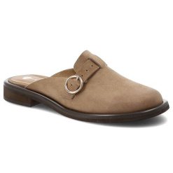 Klapki damskie Armodo, skórzane typu mule z zabudowanym noskiem i ozdobnym paskiem z klamrą osadzone na niskim obcasie, beżowe, 1720. Brązowe klapki damskie Armodo, bez wzorów, z jeansu, bez obcasa, na obcasie, bez zapięcia. Za 323.90 zł.