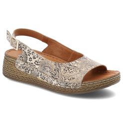Sandały damskie Maciejka, skórzane we wzorki na platformie zapinane sprzączką, beżowe kwiatowe, L7069-04-00-1. Brązowe sandały damskie Maciejka, bez wzorów, bez obcasa, na koturnie, bez zapięcia. Za 209.00 zł.