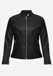 Czarna Kurtka Ramoneska o Klasycznym Kroju ze Stójką na Nap Zeaniel. Czarne kurtki damskie Born2be, plus size, bez wzorów, z jeansu, bez kaptura. Za 99.99 zł.