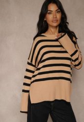 Beżowo-Czarny Sweter Oversize w Paski Kalitusa. Czarne swetry damskie Renee, bez wzorów, z jeansu, casualowe, bez kołnierzyka, bez ramiączek, bez kaptura. Za 64.99 zł.