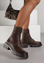 Brązowe Rockowe Botki Workery Zdobione Nitami Eratila. Brązowe botki damskie Renee, z jeansu, rockowe, bez obcasa, na płaskiej podeszwie, bez zapięcia. Za 189.99 zł.