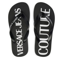 Japonki Versace Jeans Couture. Czarne klapki damskie Versace Jeans Couture, bez wzorów, z jeansu, bez obcasa. Za 249.99 zł.