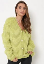 Jasnozielony Puchaty Kardigan Zapinany na Guziki Tyweza. Zielone kardigany damskie Born2be, m, bez wzorów, bez kołnierzyka, bez ramiączek, bez kaptura. Za 89.99 zł.