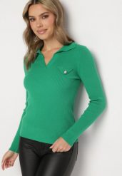 Zielony Prążkowany Sweter z Wiskozą Modalem i Ozdobnym Kołnierzykiem Adelwin. Zielone swetry damskie Born2be, l, z aplikacjami, prążkowane, eleganckie, bez kołnierzyka, bez ramiączek, bez kaptura. Za 74.99 zł.