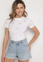 Biały Bawełniany T-shirt z Cyrkoniowymi Aplikacjami w Gwiazdki Tenivella. Białe bluzki damskie Born2be, l, z aplikacjami, z bawełny, biznesowe, bez kołnierzyka. Za 34.99 zł.