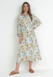 Jasnoniebieska Rozkloszowana Sukienka z Koszulową Górą Hajra. Niebieskie sukienki damskie Born2be, na co dzień, l, bez wzorów, z materiału, eleganckie, bez kołnierzyka, bez ramiączek, midi, koszulowe. Za 64.99 zł.