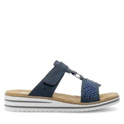 Klapki Rieker. Niebieskie klapki damskie Rieker, bez wzorów, bez obcasa. Za 299.99 zł.