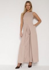 Beżowy Elegancki Kombinezon z Ozdobnymi Zakładkami Zellysha. Brązowe sukienki damskie Born2be, na co dzień, s, z aplikacjami, eleganckie, bez kołnierzyka, bez ramiączek, proste. Za 149.99 zł.