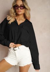 Czarna Koszula z Bawełny z Dłuższym Tyłem i Gumką z Możliwością Ściągnięcia Sasina. Czarne bluzki damskie Renee, l, bez wzorów, z bawełny, biznesowe, bez kołnierzyka, bez ramiączek. Za 89.99 zł.