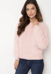 Różowy Sweter z Wełną o Wzorzystym Splocie z Ozdobną Fakturą Mirilena. Czerwone swetry damskie Born2be, bez wzorów, z wełny, eleganckie, bez kołnierzyka, bez ramiączek, bez kaptura. Za 64.99 zł.