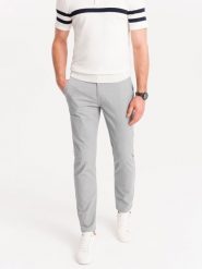 Spodnie męskie chino z ozdobną taśmą w pasie SLIM FIT – szare V6 OM-PACP-0118 - M. Szare eleganckie spodnie męskie Ombre Clothing, m, bez wzorów, z bawełny. W wyprzedaży za 179.99 zł.