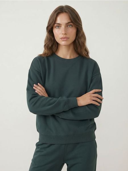 Dresowa bluza crewneck basic - zielony. Zielone bluzy damskie Sinsay, l, bez wzorów, z dresówki, bez kaptura. Za 35.99 zł.