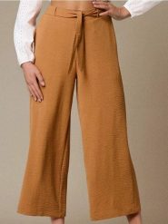 Spodnie wide leg z wiązaniem - żółty. Żółte spodnie materiałowe damskie Sinsay, l, bez wzorów. Za 49.99 zł.