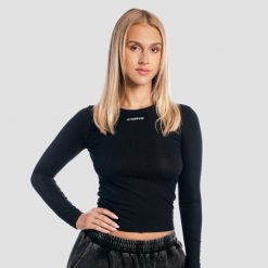 Koszulka damska fitness z długim rękawem slim czarna Aura. Czarne koszulki sportowe damskie GYMBEAM, uniwersalny, bez wzorów, z elastanu, bez kołnierzyka, bez ramiączek, na fitness i siłownię. Za 106.90 zł.