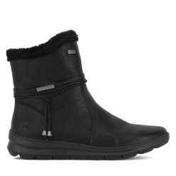 Botki Rieker. Czarne botki damskie Rieker, bez obcasa, na płaskiej podeszwie, bez zapięcia. Za 265.99 zł.